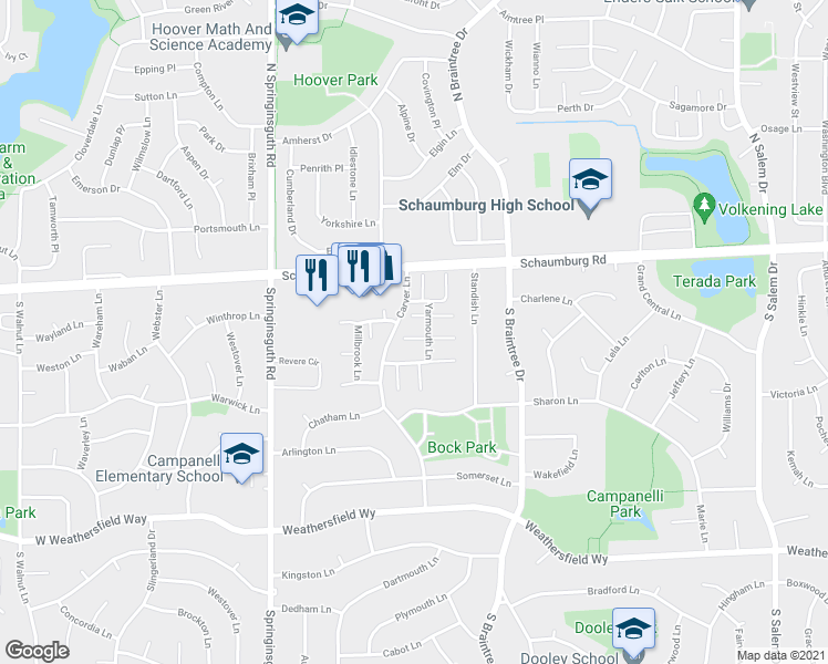 map of restaurants, bars, coffee shops, grocery stores, and more near 1334 Forestdale Court in Schaumburg