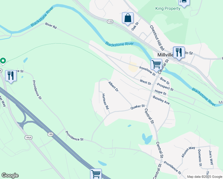 map of restaurants, bars, coffee shops, grocery stores, and more near 23 Albert Drive in Millville