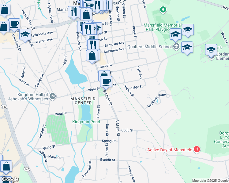 map of restaurants, bars, coffee shops, grocery stores, and more near 18-24 South Main Street in Mansfield