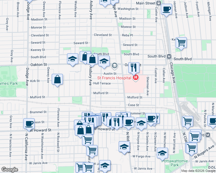 map of restaurants, bars, coffee shops, grocery stores, and more near 1036 Hull Terrace in Evanston