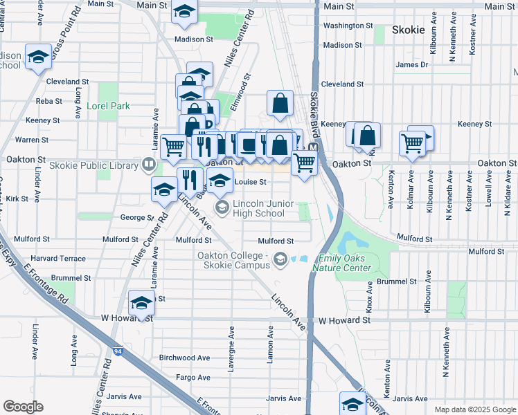 map of restaurants, bars, coffee shops, grocery stores, and more near 7835 Niles Avenue in Skokie