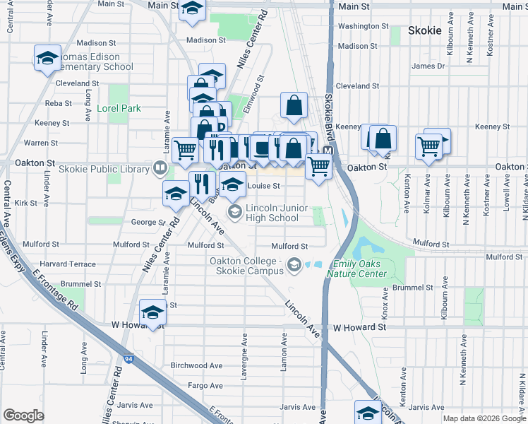 map of restaurants, bars, coffee shops, grocery stores, and more near 7835 Niles Avenue in Skokie