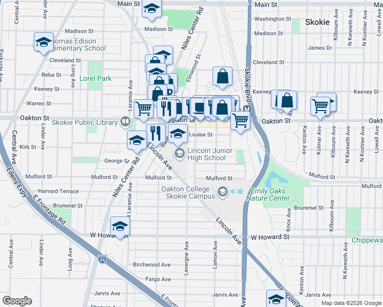 map of restaurants, bars, coffee shops, grocery stores, and more near 7835 Niles Avenue in Skokie