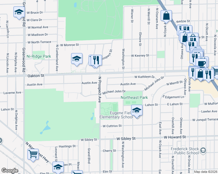map of restaurants, bars, coffee shops, grocery stores, and more near 376 Michael John Drive in Park Ridge