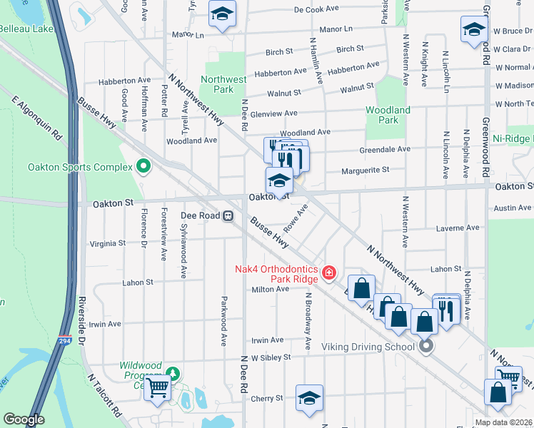 map of restaurants, bars, coffee shops, grocery stores, and more near 2200 Bouterse Street in Park Ridge