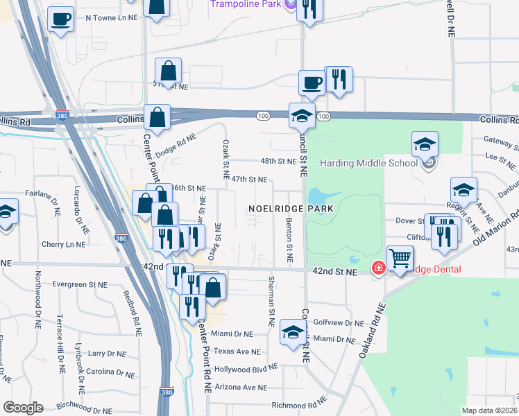 map of restaurants, bars, coffee shops, grocery stores, and more near 4451 Sherman Street Northeast in Cedar Rapids