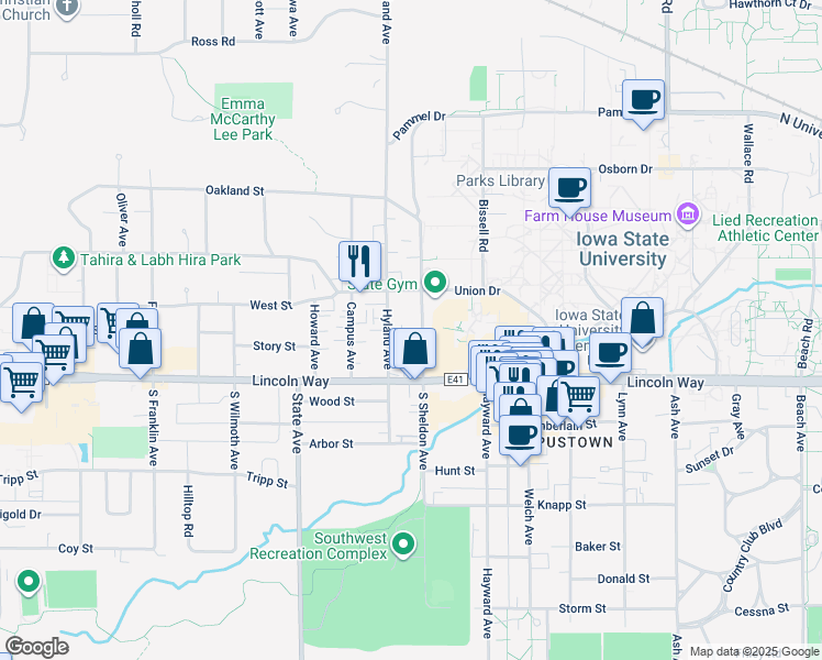 map of restaurants, bars, coffee shops, grocery stores, and more near 2642 Union Drive in Ames