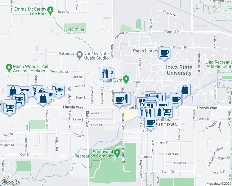map of restaurants, bars, coffee shops, grocery stores, and more near 134 North Hyland Avenue in Ames