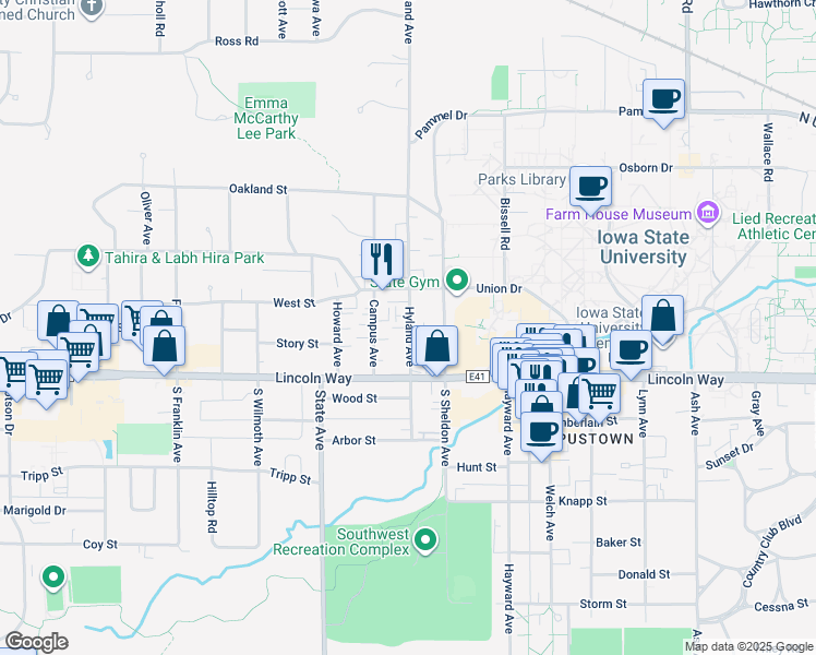 map of restaurants, bars, coffee shops, grocery stores, and more near 134 North Hyland Avenue in Ames