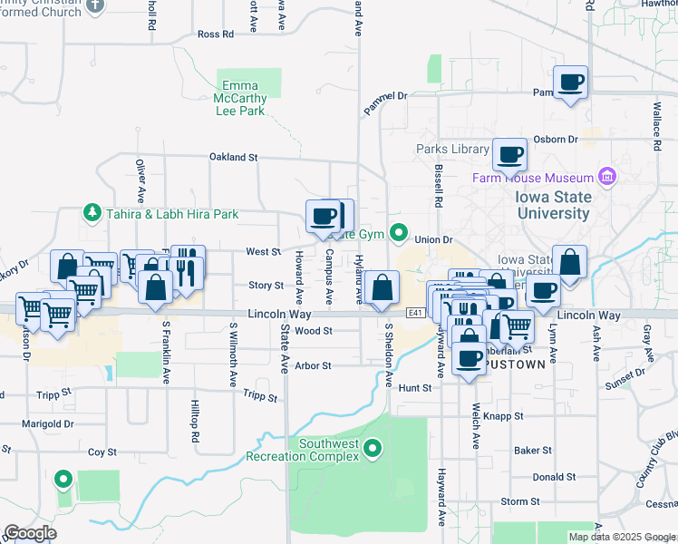 map of restaurants, bars, coffee shops, grocery stores, and more near 135 Campus Avenue in Ames