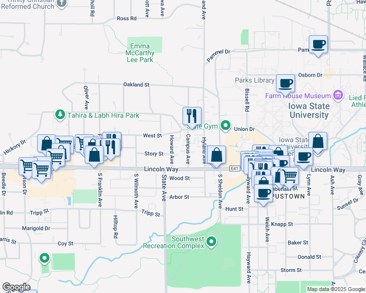 map of restaurants, bars, coffee shops, grocery stores, and more near 135 Campus Avenue in Ames