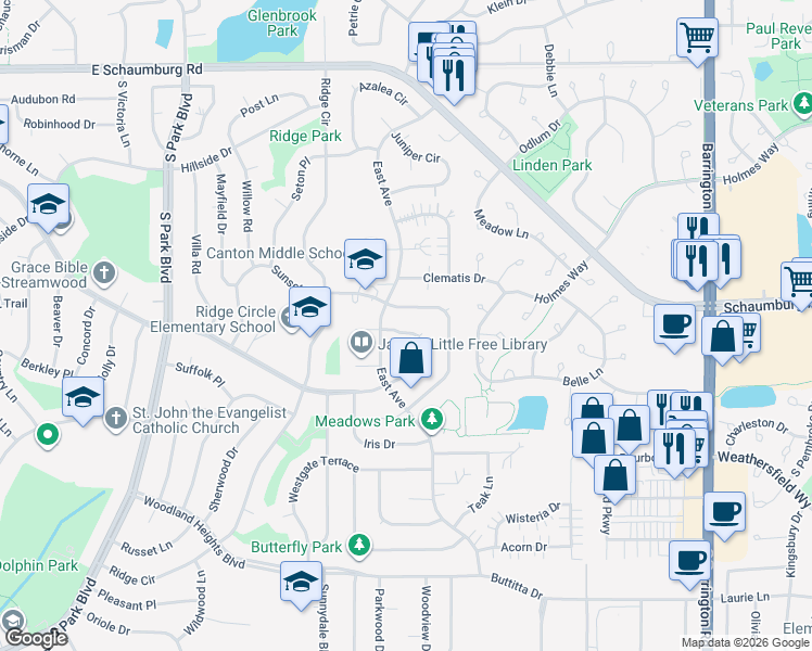 map of restaurants, bars, coffee shops, grocery stores, and more near 108 Filbert Drive in Streamwood