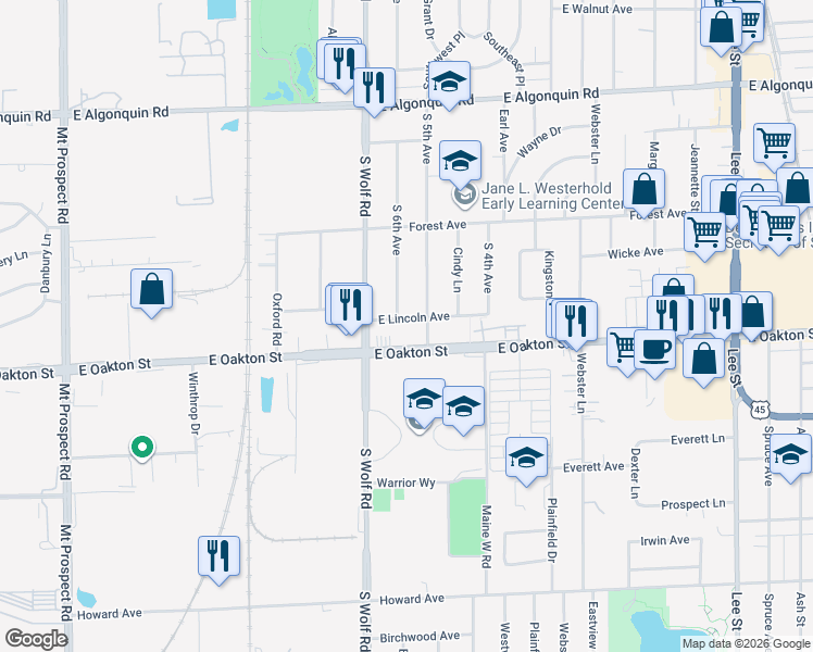 map of restaurants, bars, coffee shops, grocery stores, and more near 665 East Lincoln Avenue in Des Plaines