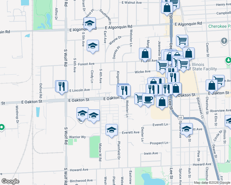 map of restaurants, bars, coffee shops, grocery stores, and more near 850 East Oakton Street in Des Plaines
