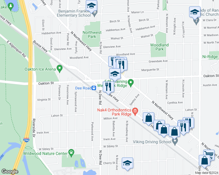 map of restaurants, bars, coffee shops, grocery stores, and more near 2200 Bouterse Street in Park Ridge