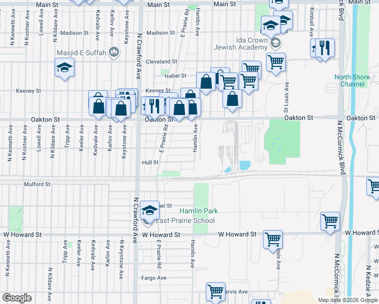 map of restaurants, bars, coffee shops, grocery stores, and more near 3828 Hull Street in Skokie