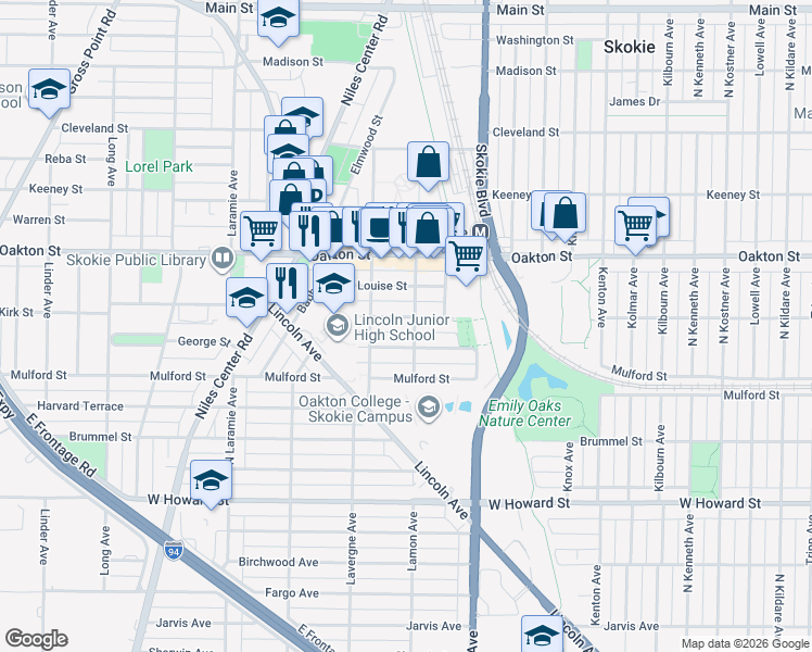 map of restaurants, bars, coffee shops, grocery stores, and more near 4856 Hull Street in Skokie