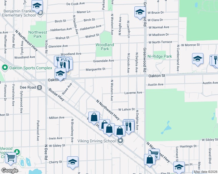 map of restaurants, bars, coffee shops, grocery stores, and more near 908 North Western Avenue in Park Ridge