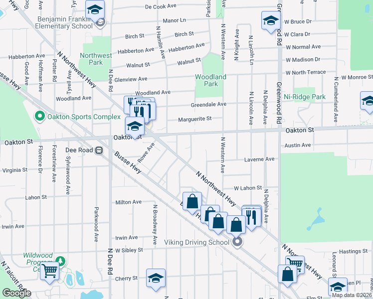 map of restaurants, bars, coffee shops, grocery stores, and more near 915 North Northwest Highway in Park Ridge