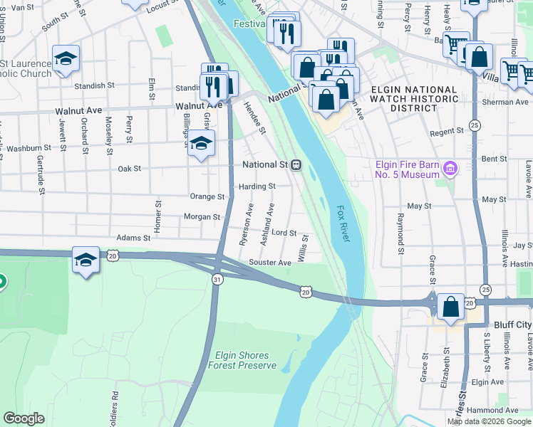 map of restaurants, bars, coffee shops, grocery stores, and more near 476 Ashland Avenue in Elgin