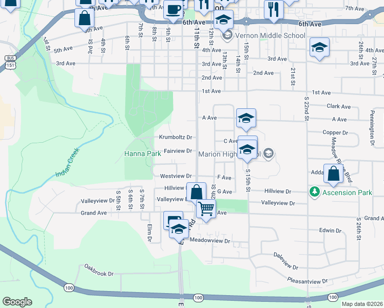map of restaurants, bars, coffee shops, grocery stores, and more near 1025 Fairview Drive in Marion