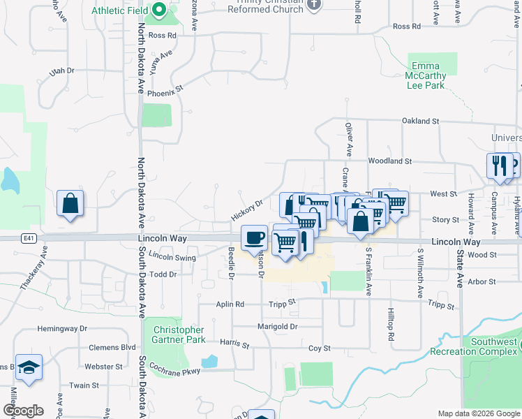 map of restaurants, bars, coffee shops, grocery stores, and more near 214 Hickory Drive in Ames