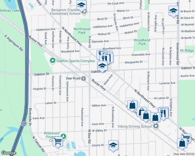 map of restaurants, bars, coffee shops, grocery stores, and more near 2200 Bouterse Street in Park Ridge
