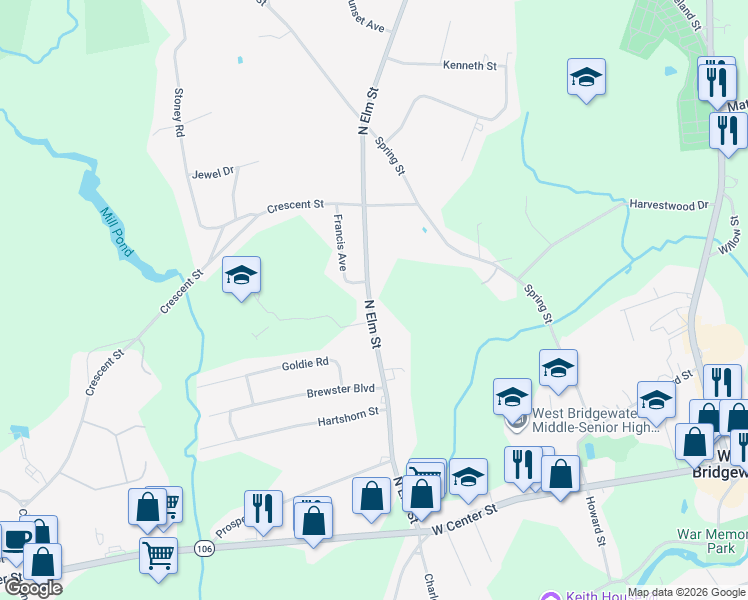 map of restaurants, bars, coffee shops, grocery stores, and more near 175 North Elm Street in West Bridgewater