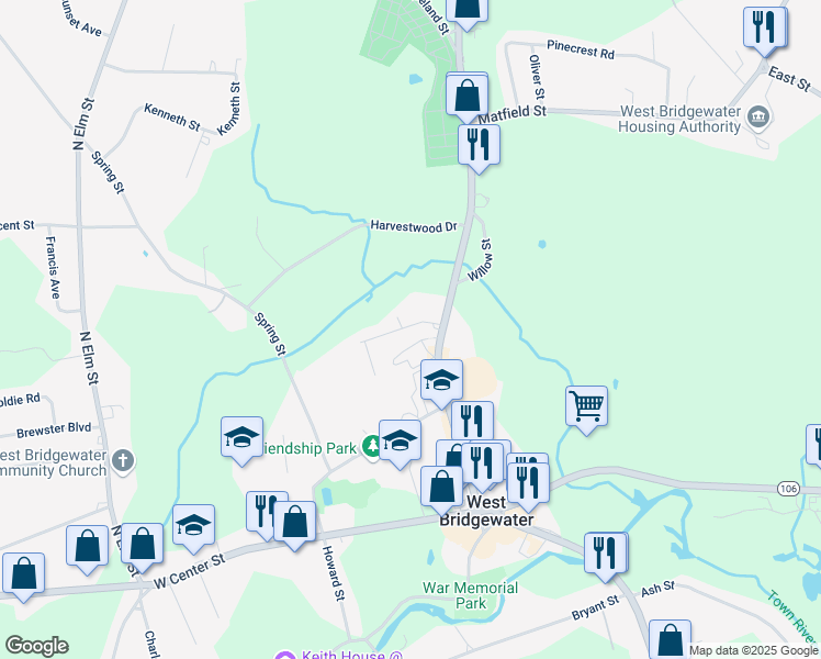 map of restaurants, bars, coffee shops, grocery stores, and more near 36 Commonwealth Avenue in West Bridgewater