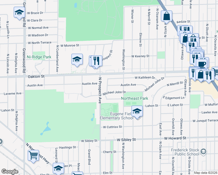 map of restaurants, bars, coffee shops, grocery stores, and more near 376 Michael John Drive in Park Ridge