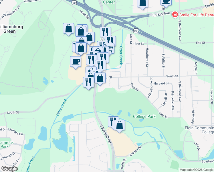 map of restaurants, bars, coffee shops, grocery stores, and more near 350 Loyola Drive in Elgin