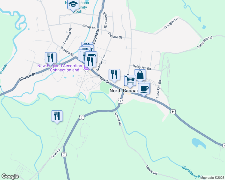 map of restaurants, bars, coffee shops, grocery stores, and more near 15 East Main Street in Canaan