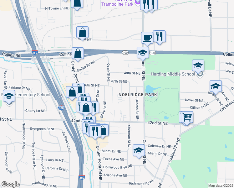 map of restaurants, bars, coffee shops, grocery stores, and more near 4508 Navajo Drive Northeast in Cedar Rapids