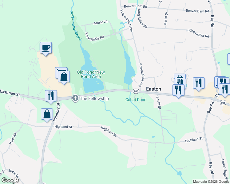 map of restaurants, bars, coffee shops, grocery stores, and more near 574 Foundry Street in Easton