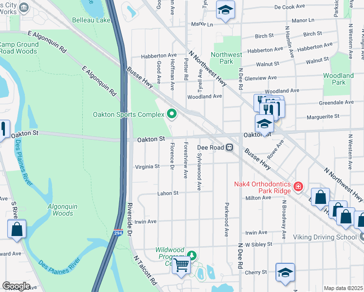 map of restaurants, bars, coffee shops, grocery stores, and more near 925 Florence Drive in Park Ridge