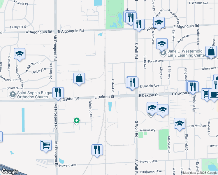 map of restaurants, bars, coffee shops, grocery stores, and more near 1534 Oxford Road in Des Plaines