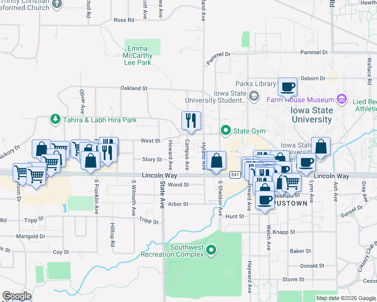 map of restaurants, bars, coffee shops, grocery stores, and more near 135 Campus Avenue in Ames