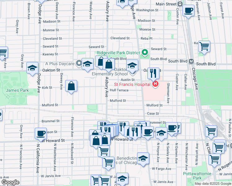 map of restaurants, bars, coffee shops, grocery stores, and more near 1127 Mulford Street in Evanston