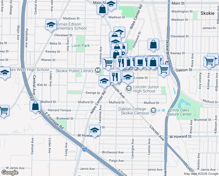 map of restaurants, bars, coffee shops, grocery stores, and more near 7857 Niles Center Road in Skokie