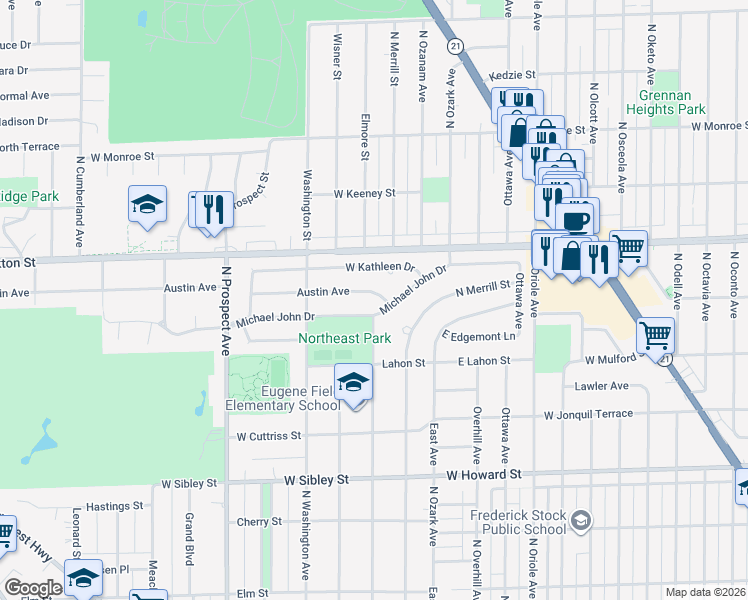 map of restaurants, bars, coffee shops, grocery stores, and more near 200 Michael John Drive in Park Ridge