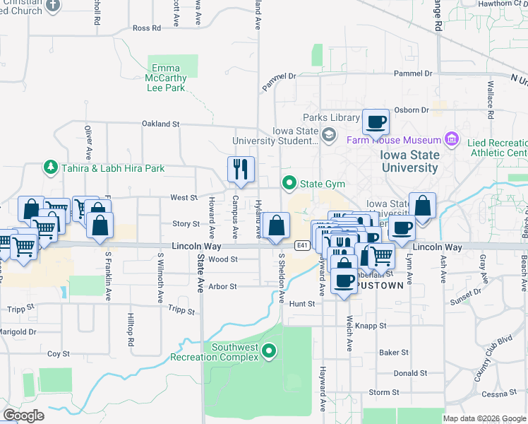 map of restaurants, bars, coffee shops, grocery stores, and more near 140 North Hyland Avenue in Ames