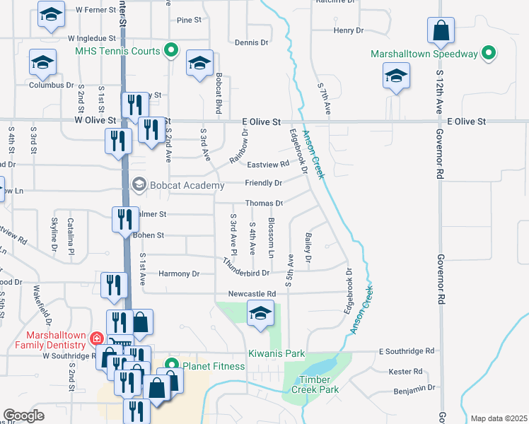 map of restaurants, bars, coffee shops, grocery stores, and more near 1901 Blossom Lane in Marshalltown