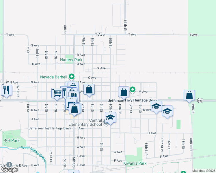 map of restaurants, bars, coffee shops, grocery stores, and more near 1310 10th Street in Nevada