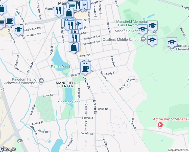 map of restaurants, bars, coffee shops, grocery stores, and more near 33 Webb Place in Mansfield