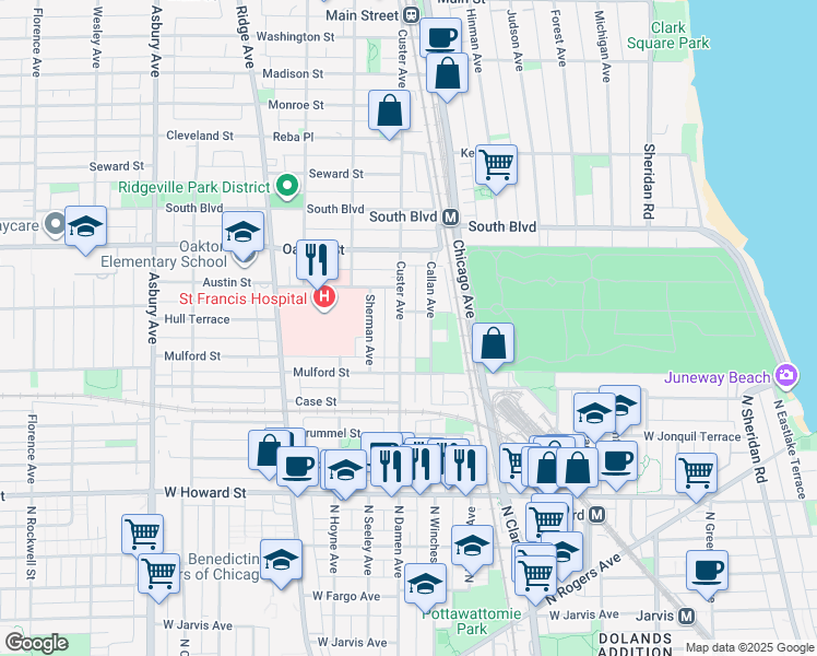 map of restaurants, bars, coffee shops, grocery stores, and more near 326 Callan Avenue in Evanston
