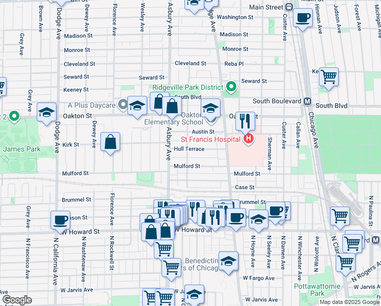 map of restaurants, bars, coffee shops, grocery stores, and more near 1127 Mulford Street in Evanston