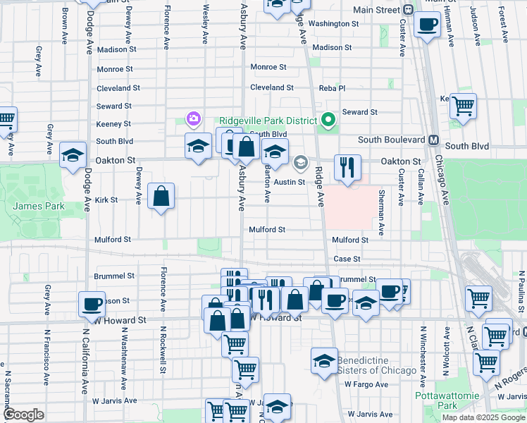map of restaurants, bars, coffee shops, grocery stores, and more near 1127 Mulford Street in Evanston