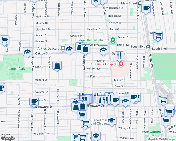 map of restaurants, bars, coffee shops, grocery stores, and more near 323 Asbury Avenue in Evanston