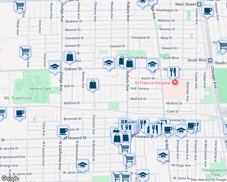 map of restaurants, bars, coffee shops, grocery stores, and more near 321 Wesley Avenue in Evanston