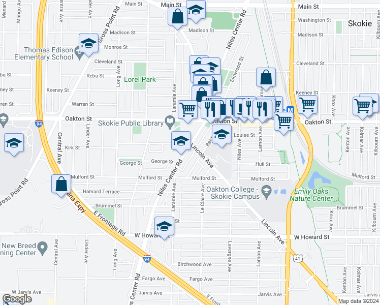 map of restaurants, bars, coffee shops, grocery stores, and more near 7857 Niles Center Road in Skokie